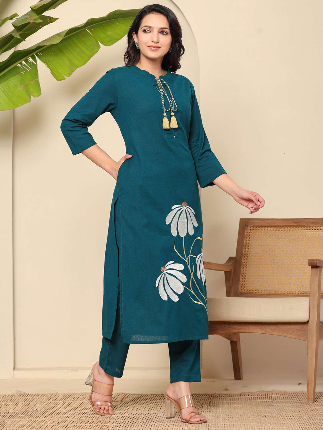women floral three quarter sleeve kurta pant set - 22140256 - Standard Image - 1