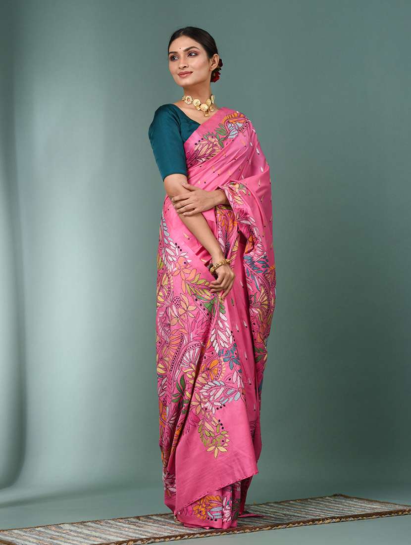 women solid with work handloom saree with blouse - 22140319 - Standard Image - 1