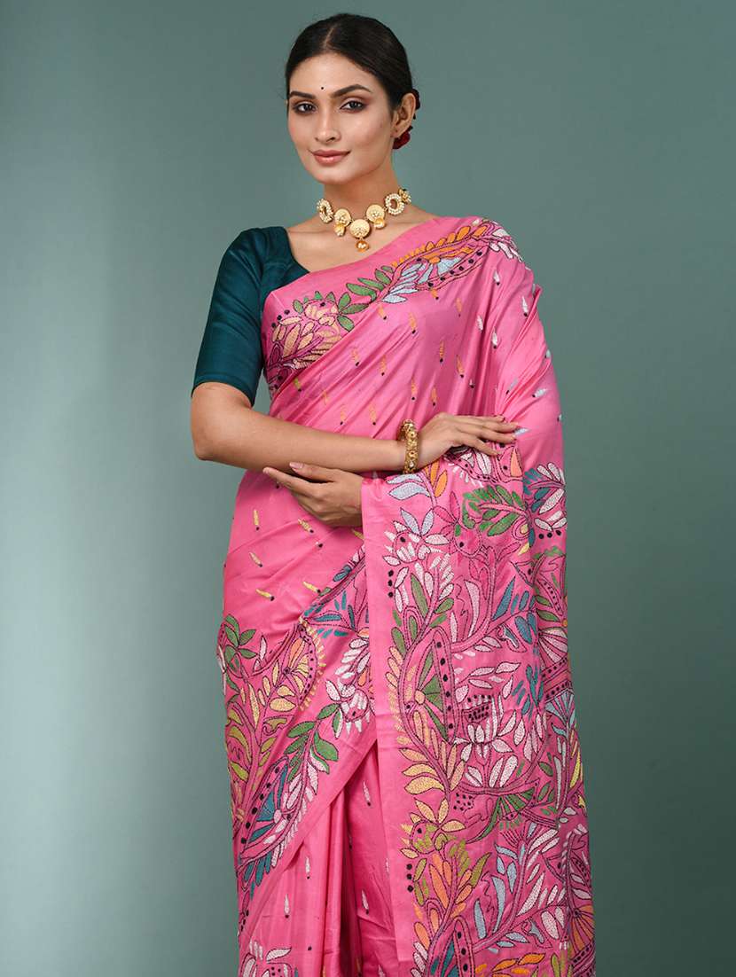 women solid with work handloom saree with blouse - 22140319 - Standard Image - 4