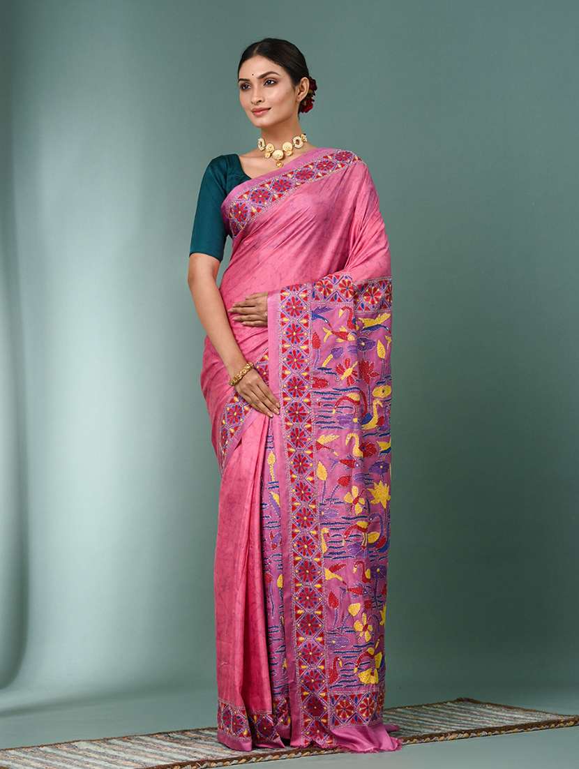 women printed handloom kantha stitch saree with blouse - 22140321 -  Zoom Image - 0