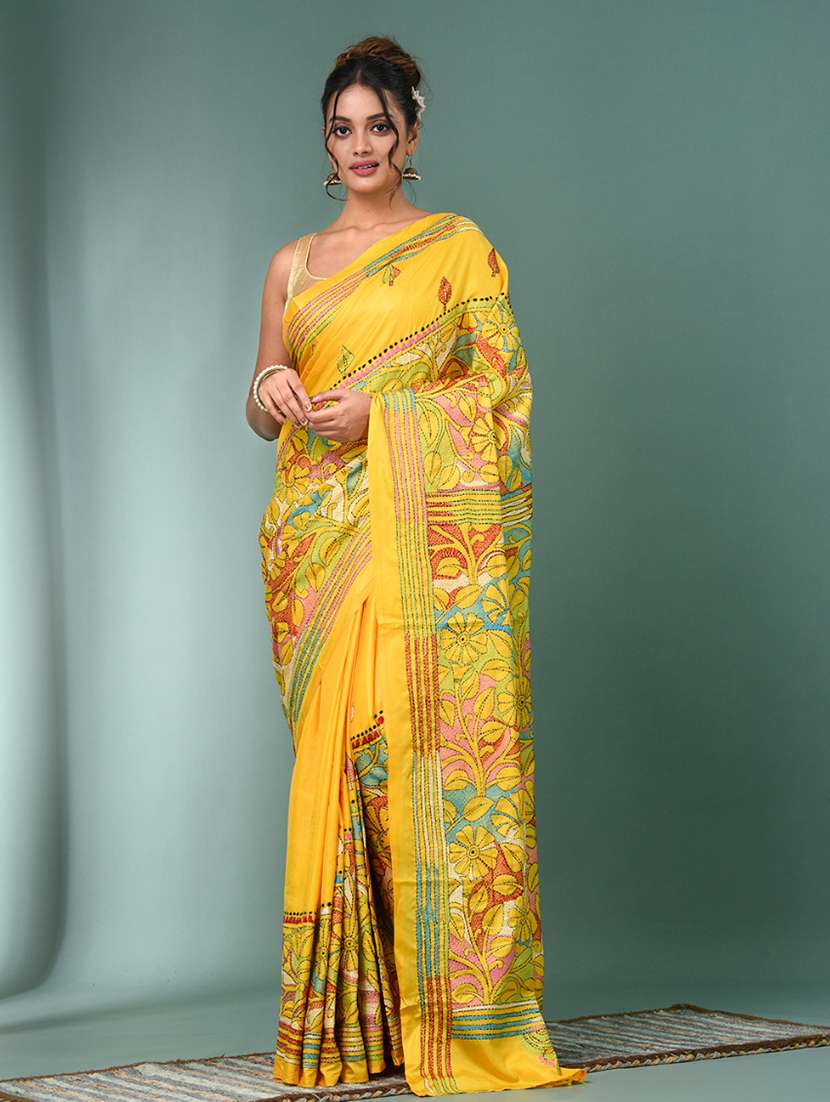 women handloom kantha stitch saree with blouse
