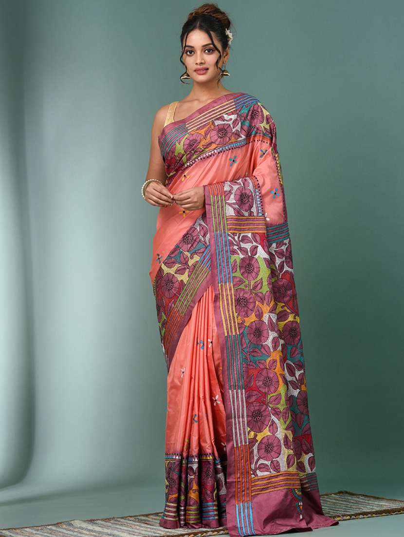 women handloom kantha stitch saree with blouse