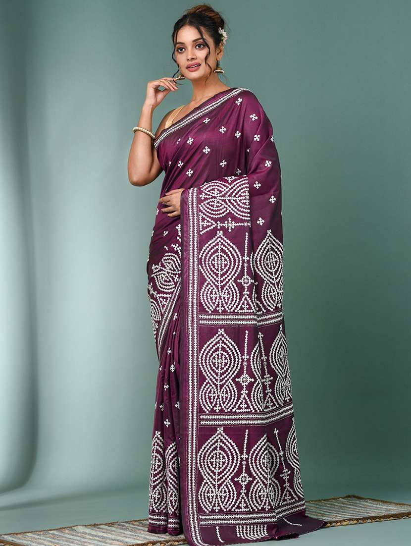 women solid with work handloom saree with blouse - 22140354 - Standard Image - 1
