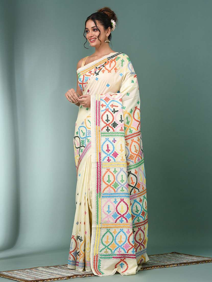 women solid with work handloom saree with blouse - 22140357 - Standard Image - 1