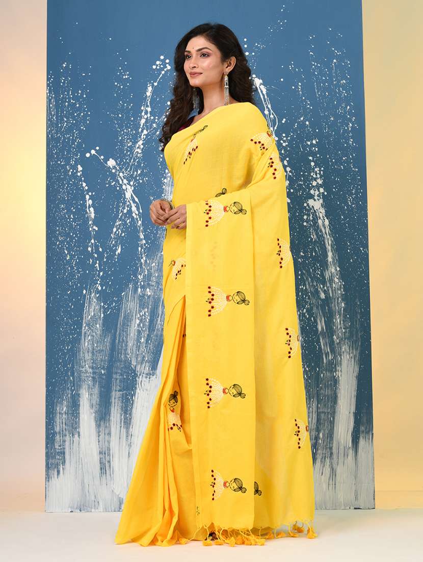 women solid with work handloom saree with blouse - 22140444 -  Standard Image - 1