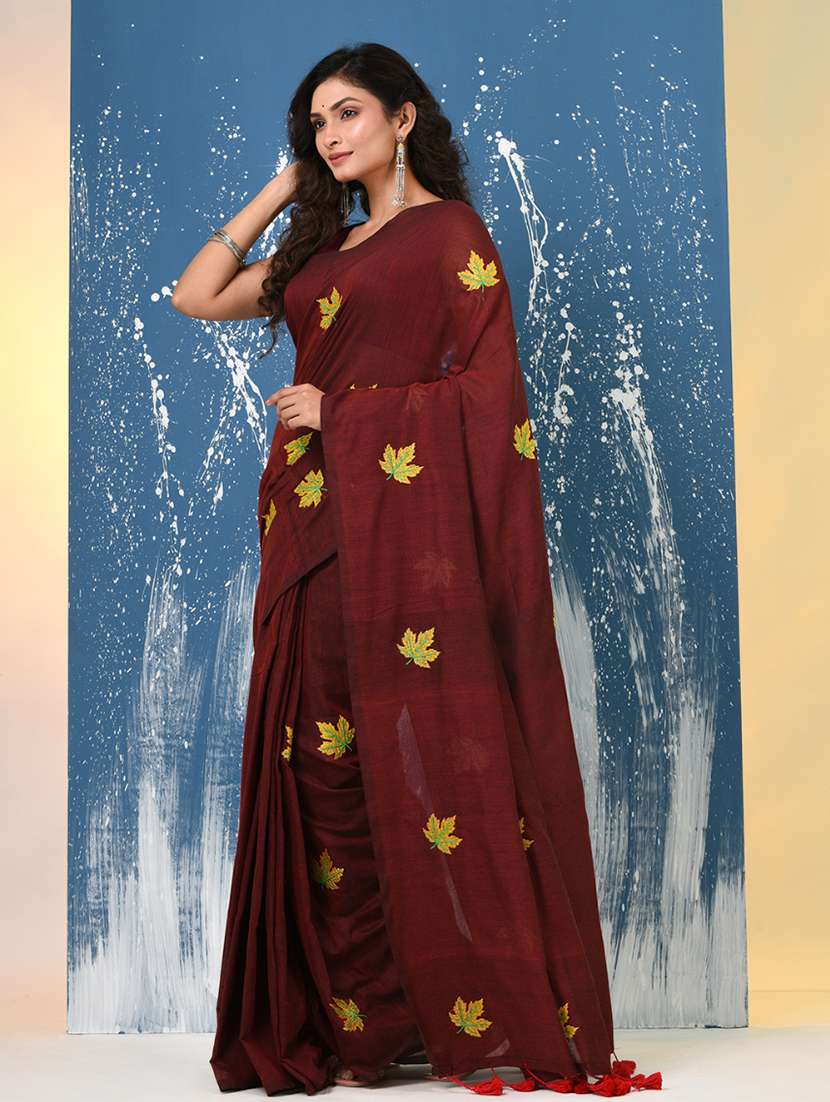 women solid with work handloom saree with blouse - 22140454 -  Standard Image - 1