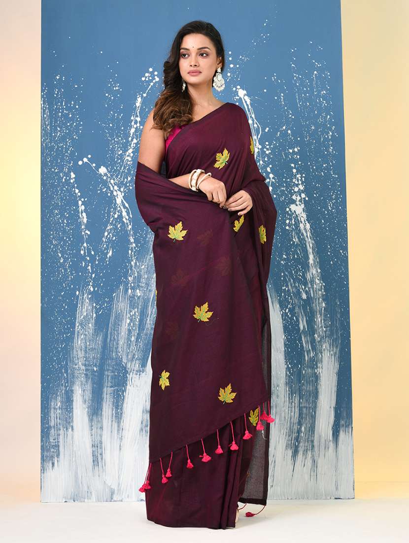 women solid with work handloom saree with blouse - 22140455 -  Standard Image - 1