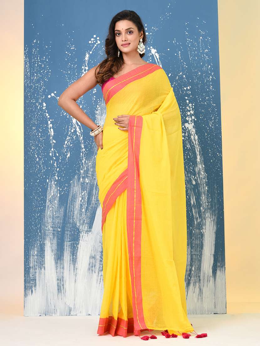 women solid with bordered handloom saree