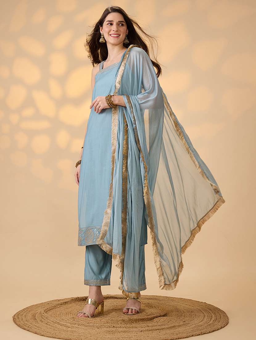 women solid sleeveless kurta pant dupatta set - 22140471 -  Standard Image - 1