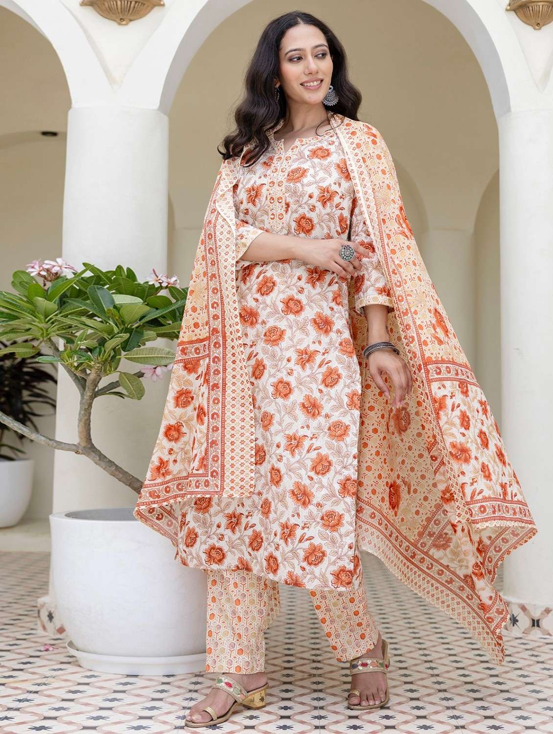 women floral printed three quarter sleeve kurta pant with dupatta set - 22140533 -  Standard Image - 1