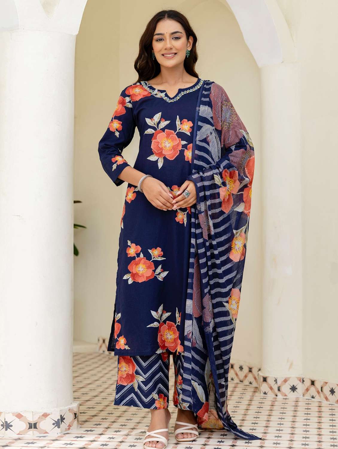 women floral printed three quarter sleeve kurta pant with dupatta set - 22140535 -  Standard Image - 1