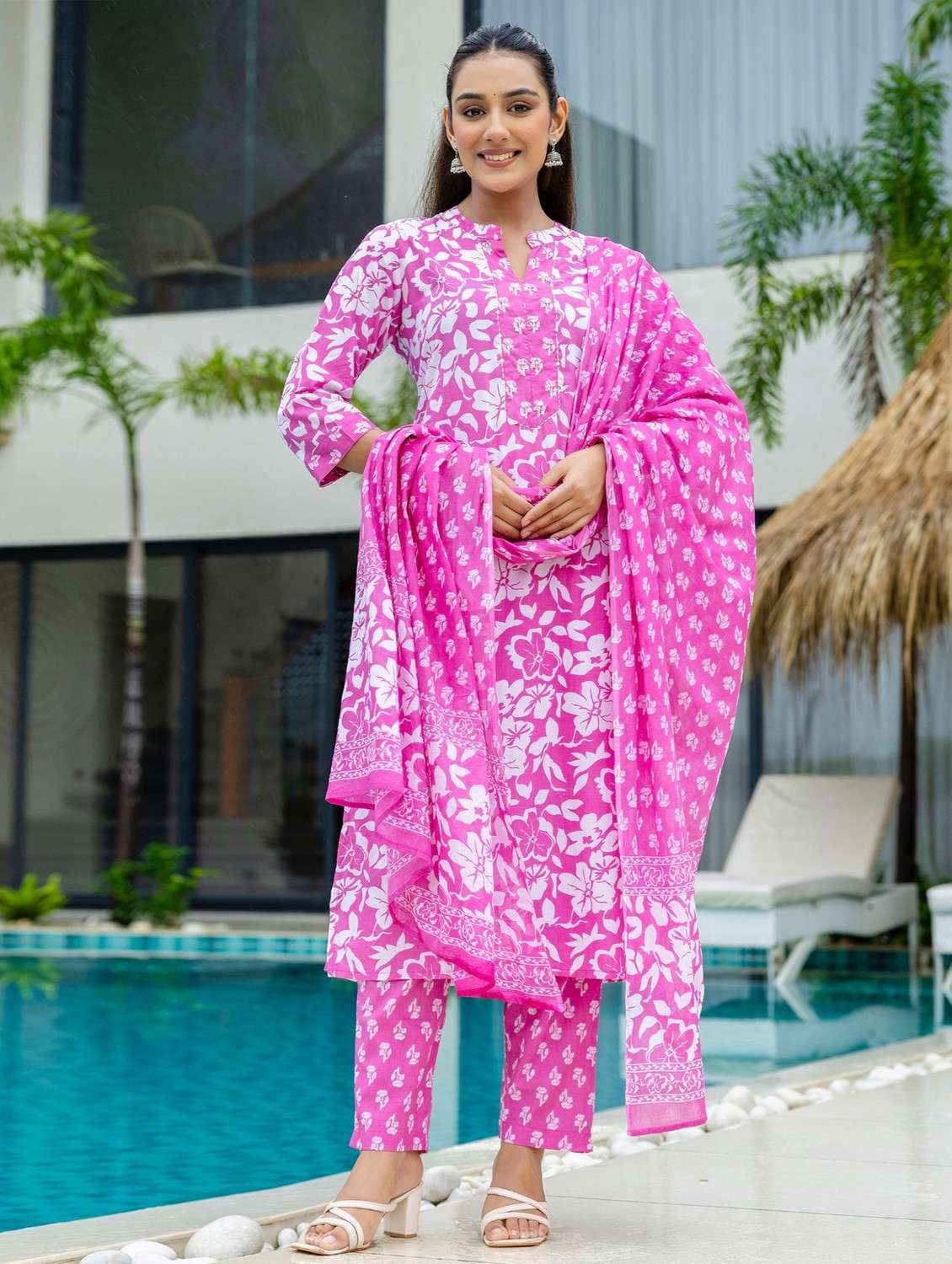 women floral printed three quarter sleeve kurta pant with dupatta set - 22140539 -  Standard Image - 1
