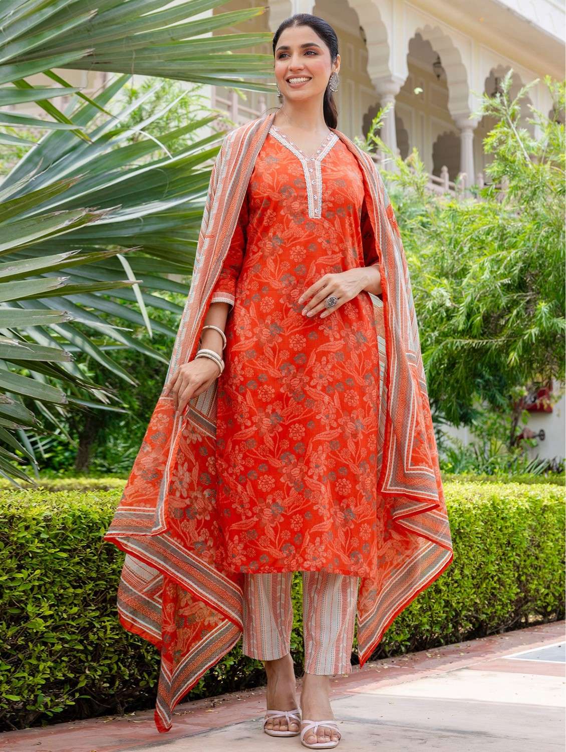 women floral printed three quarter sleeve kurta pant with dupatta set - 22140542 -  Standard Image - 1