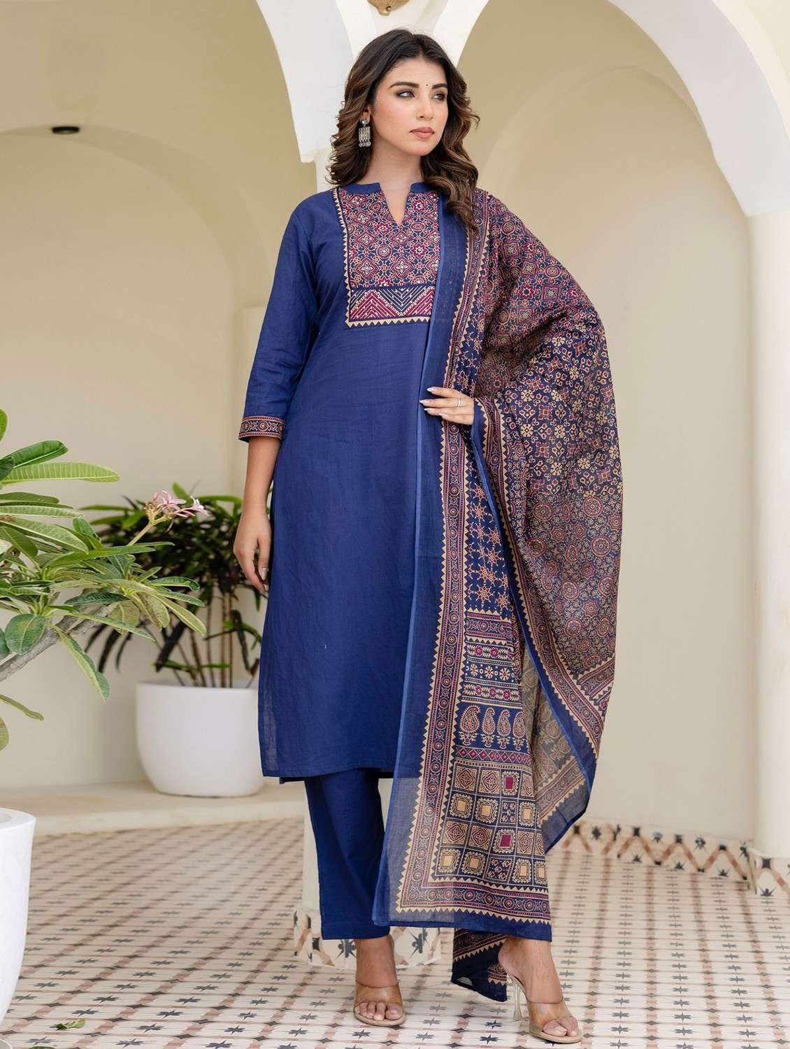 women placement print three quarter sleeve kurta pant with dupatta set - 22140543 -  Standard Image - 1