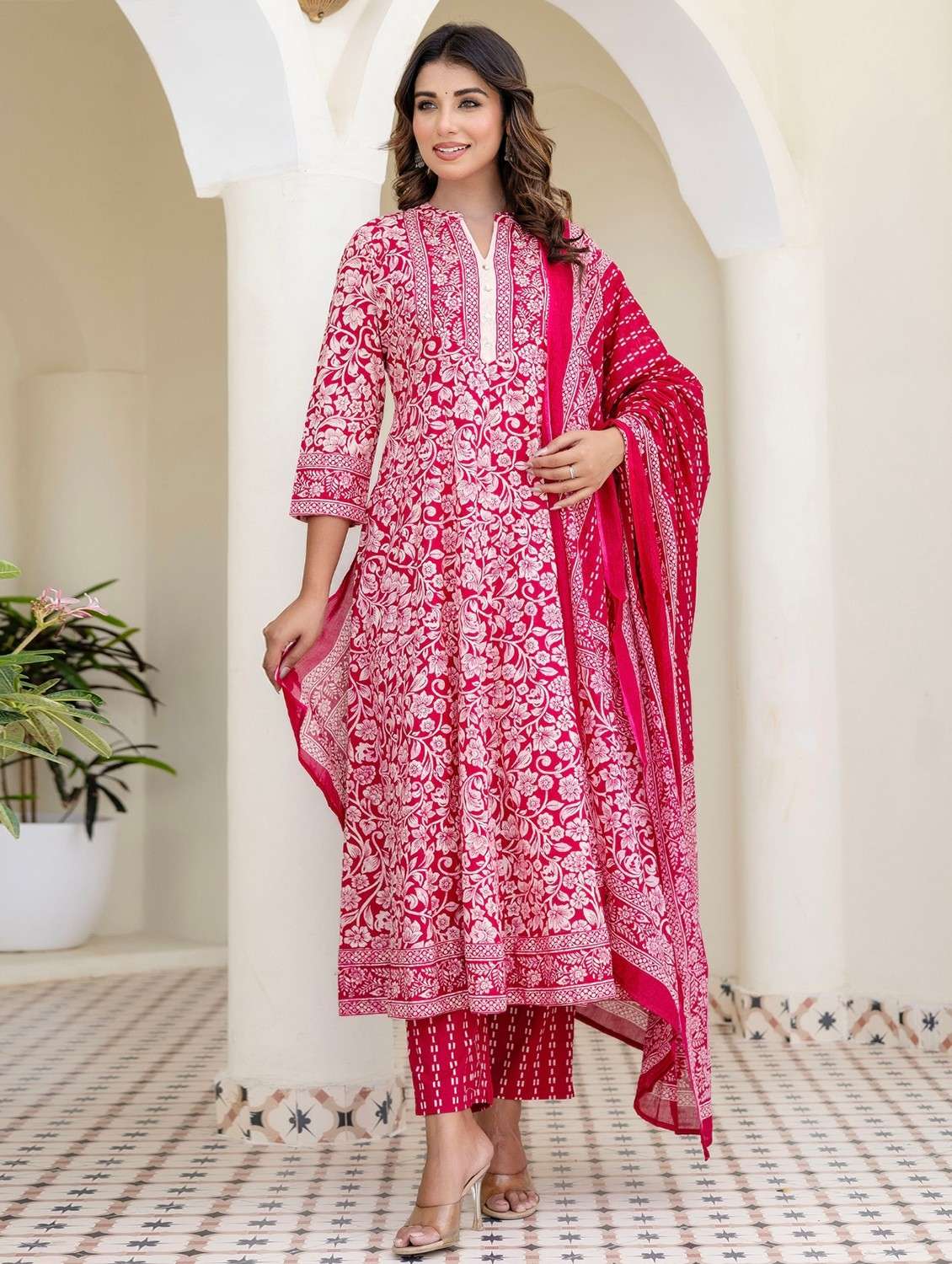 women floral printed three quarter sleeve kurta pant with dupatta set - 22140550 -  Standard Image - 1