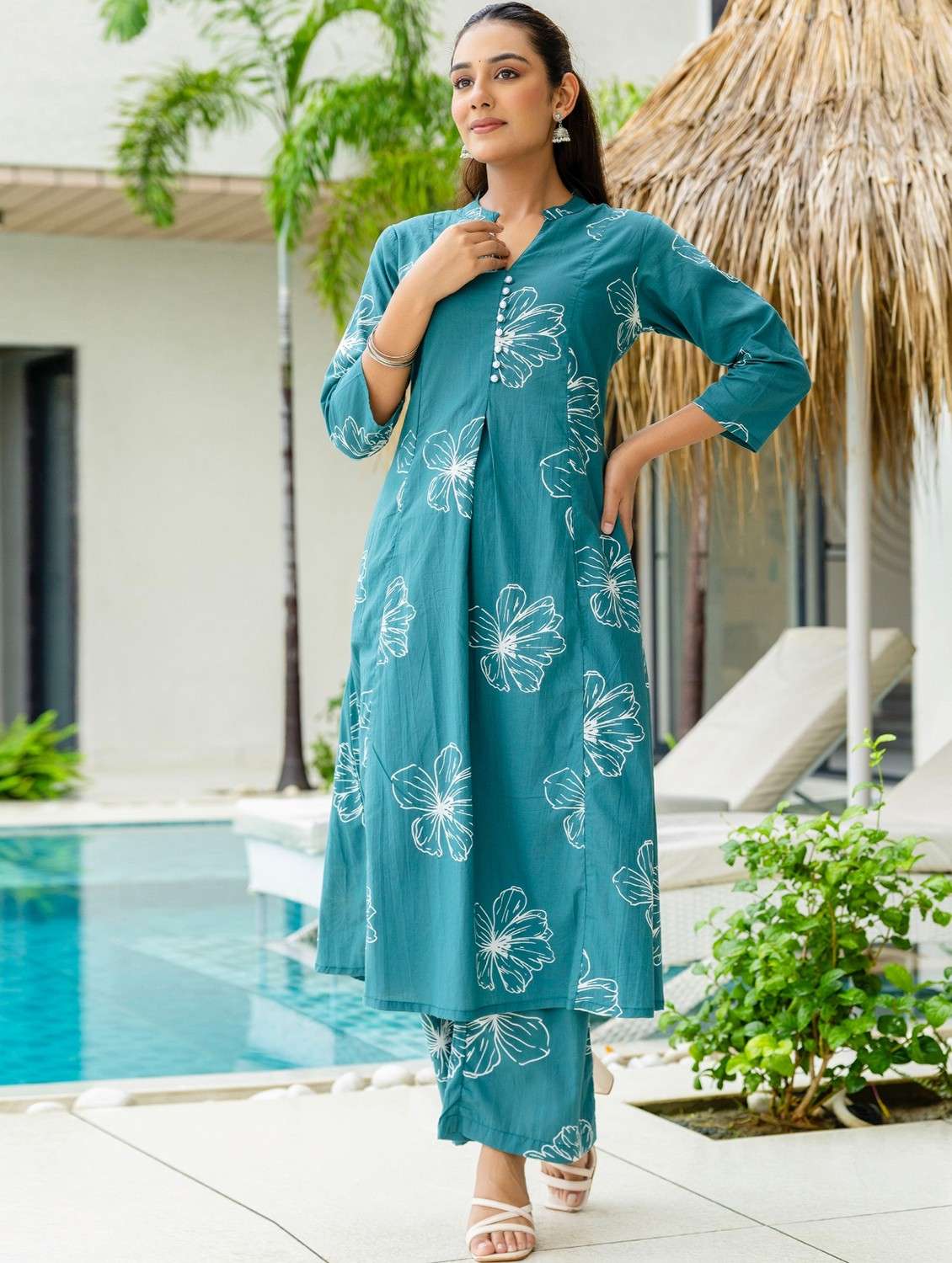 women floral printed three quarter sleeve kurta palazzo set - 22140553 -  Standard Image - 1