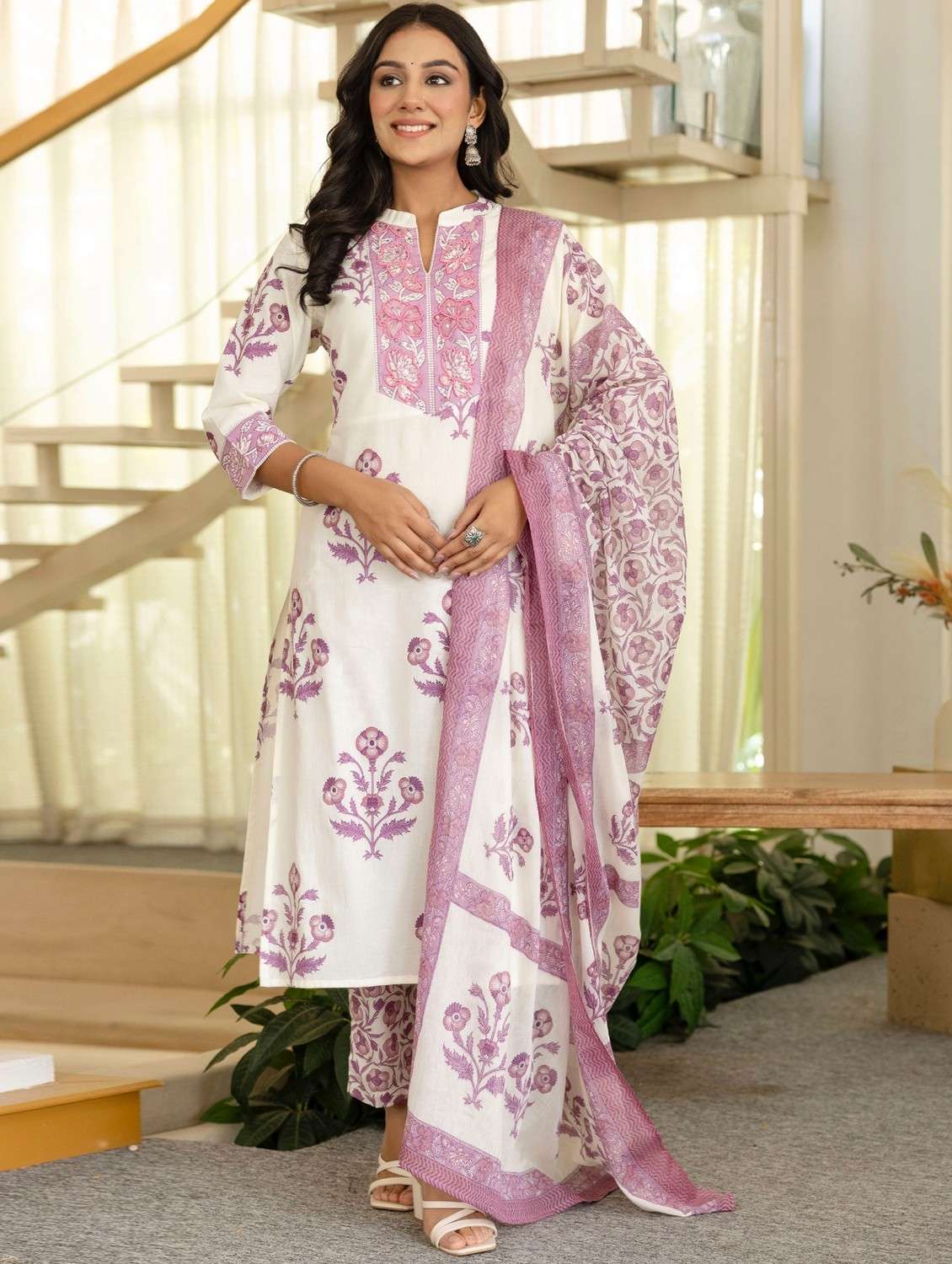 women floral printed three quarter sleeve kurta pant with dupatta set - 22140554 -  Standard Image - 1