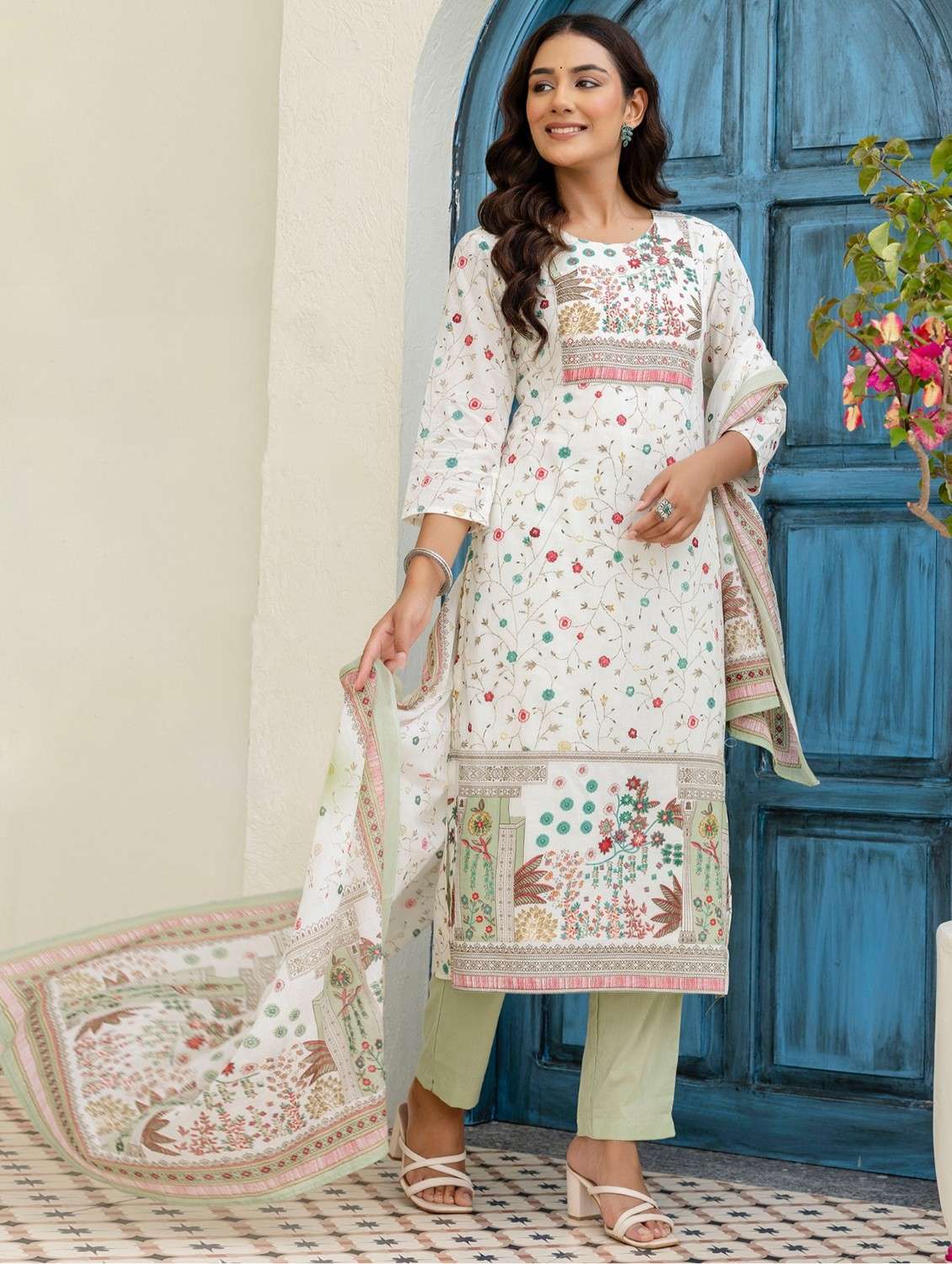 women floral printed three quarter sleeve kurta pant with dupatta set - 22140556 -  Standard Image - 1