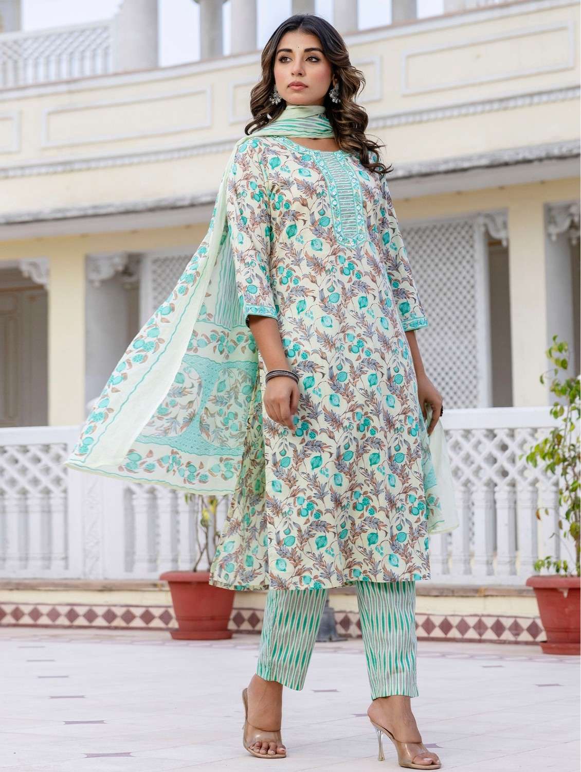 women floral printed three quarter sleeve kurta pant with dupatta set - 22140563 -  Standard Image - 1