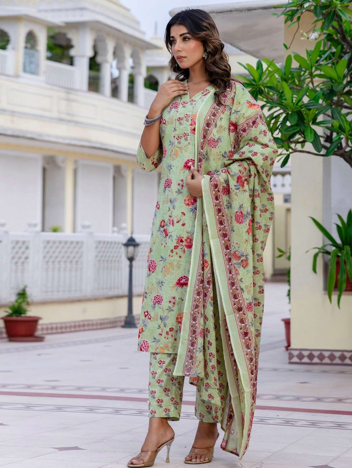 women floral printed three quarter sleeve kurta pant with dupatta set - 22140565 - Standard Image - 1