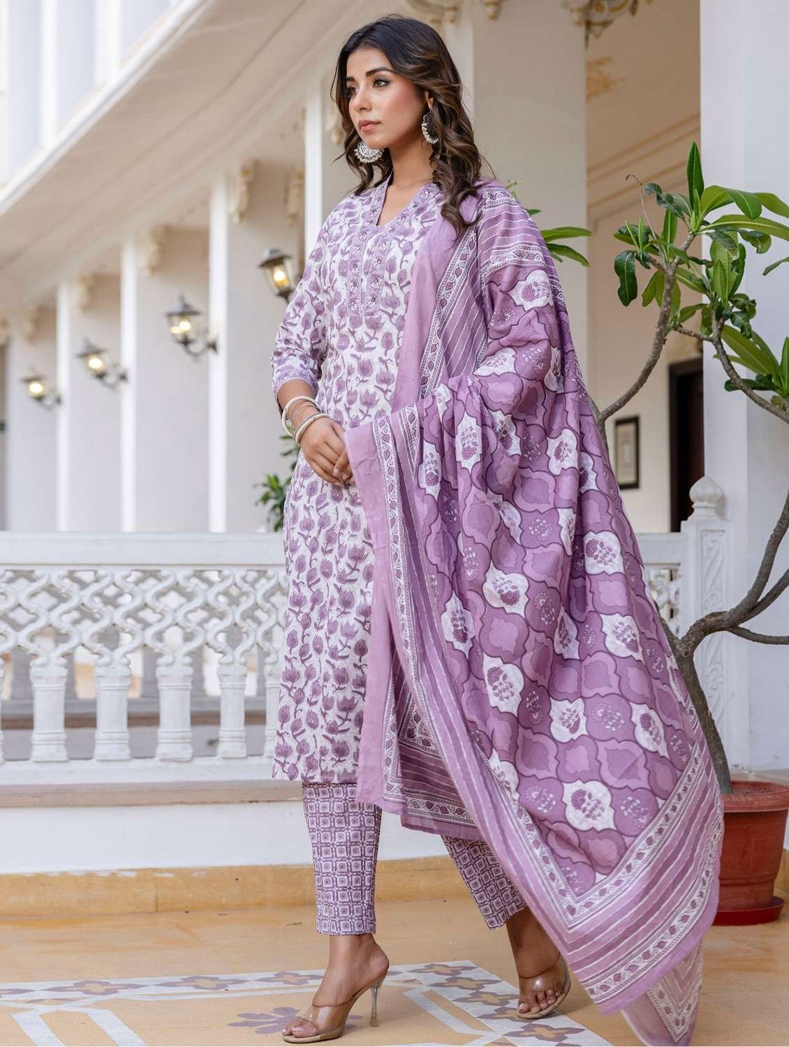 women floral printed three quarter sleeve kurta pant with dupatta set - 22140566 -  Standard Image - 1