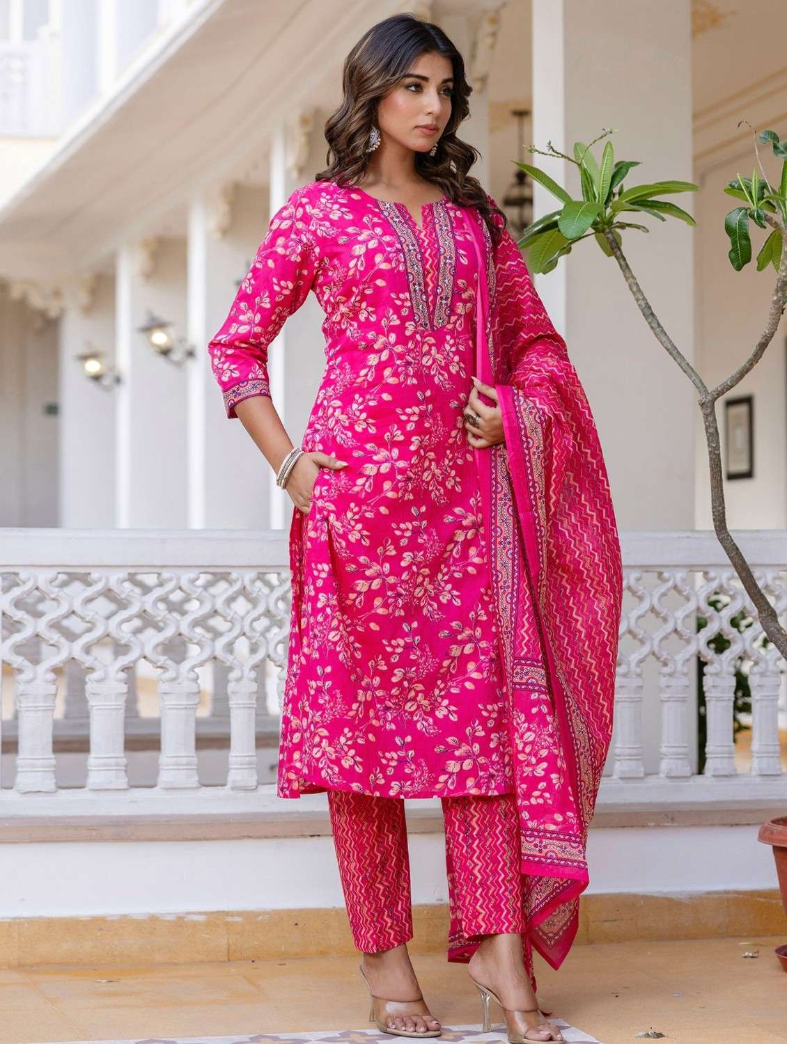 women floral printed three quarter sleeve kurta pant with dupatta set - 22140571 -  Standard Image - 1