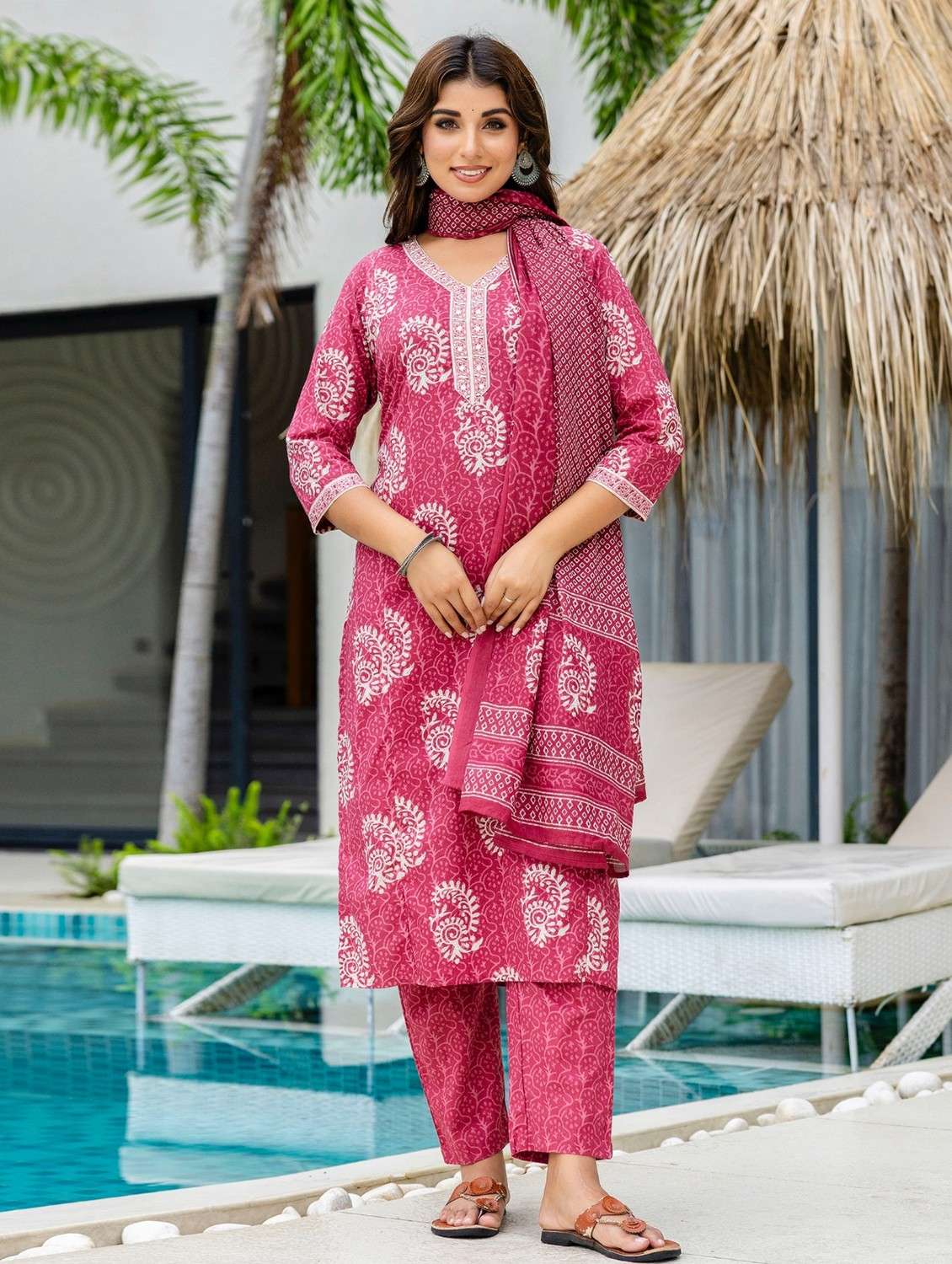 women printed three quarter sleeve kurta pant with dupatta set - 22140572 -  Standard Image - 1