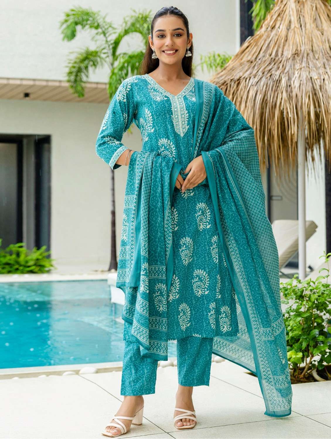 women printed three quarter sleeve kurta pant with dupatta set - 22140573 -  Standard Image - 1