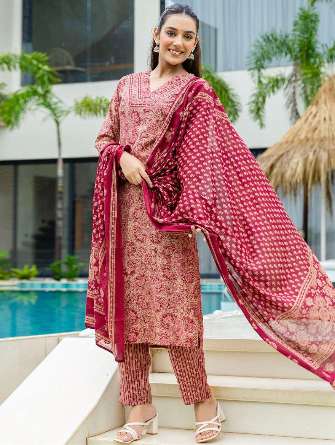 women printed three quarter sleeve kurta pant with dupatta set - 22140576 - Standard Image - 1
