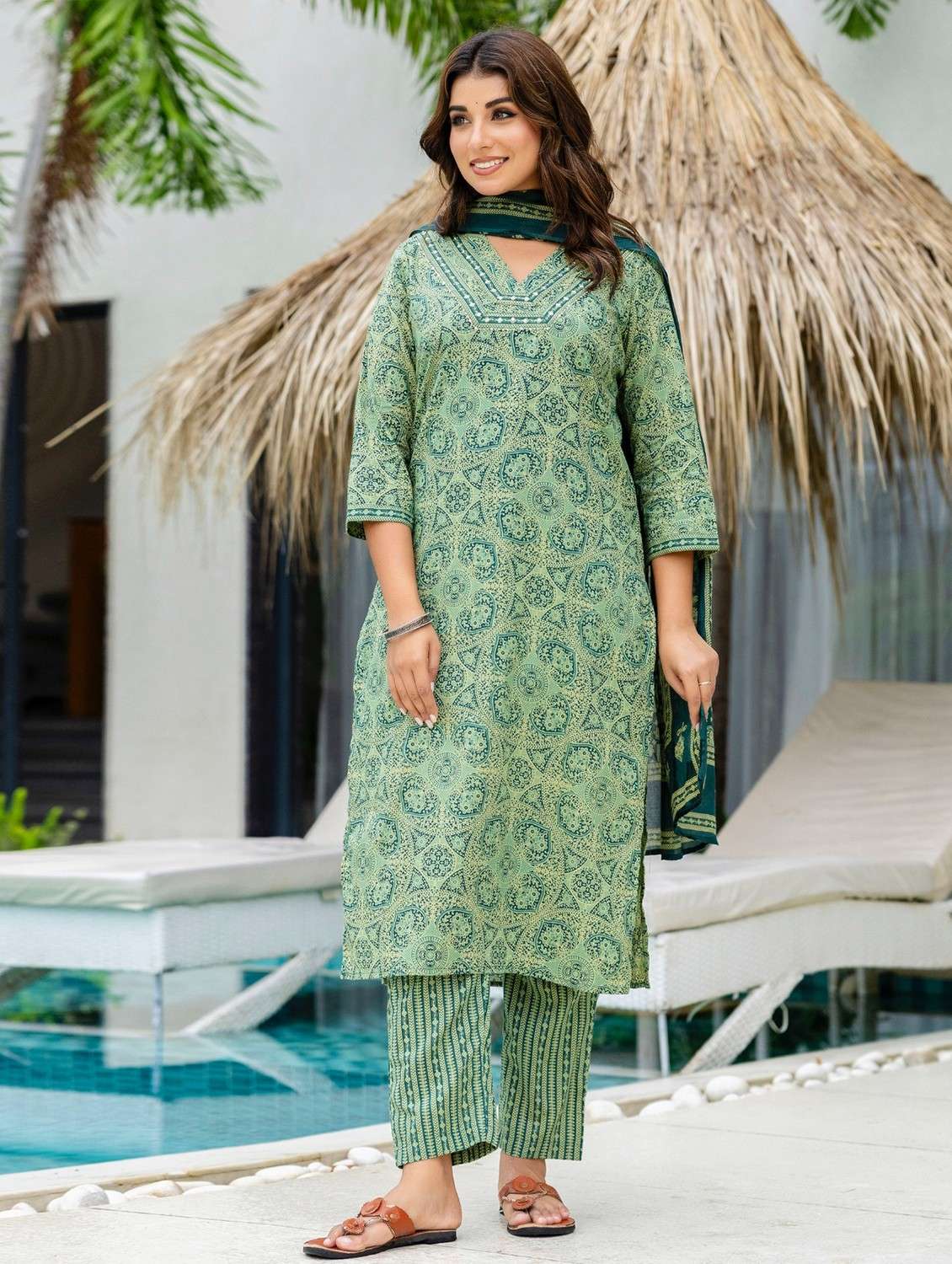women printed three quarter sleeve kurta pant with dupatta set - 22140577 -  Standard Image - 1