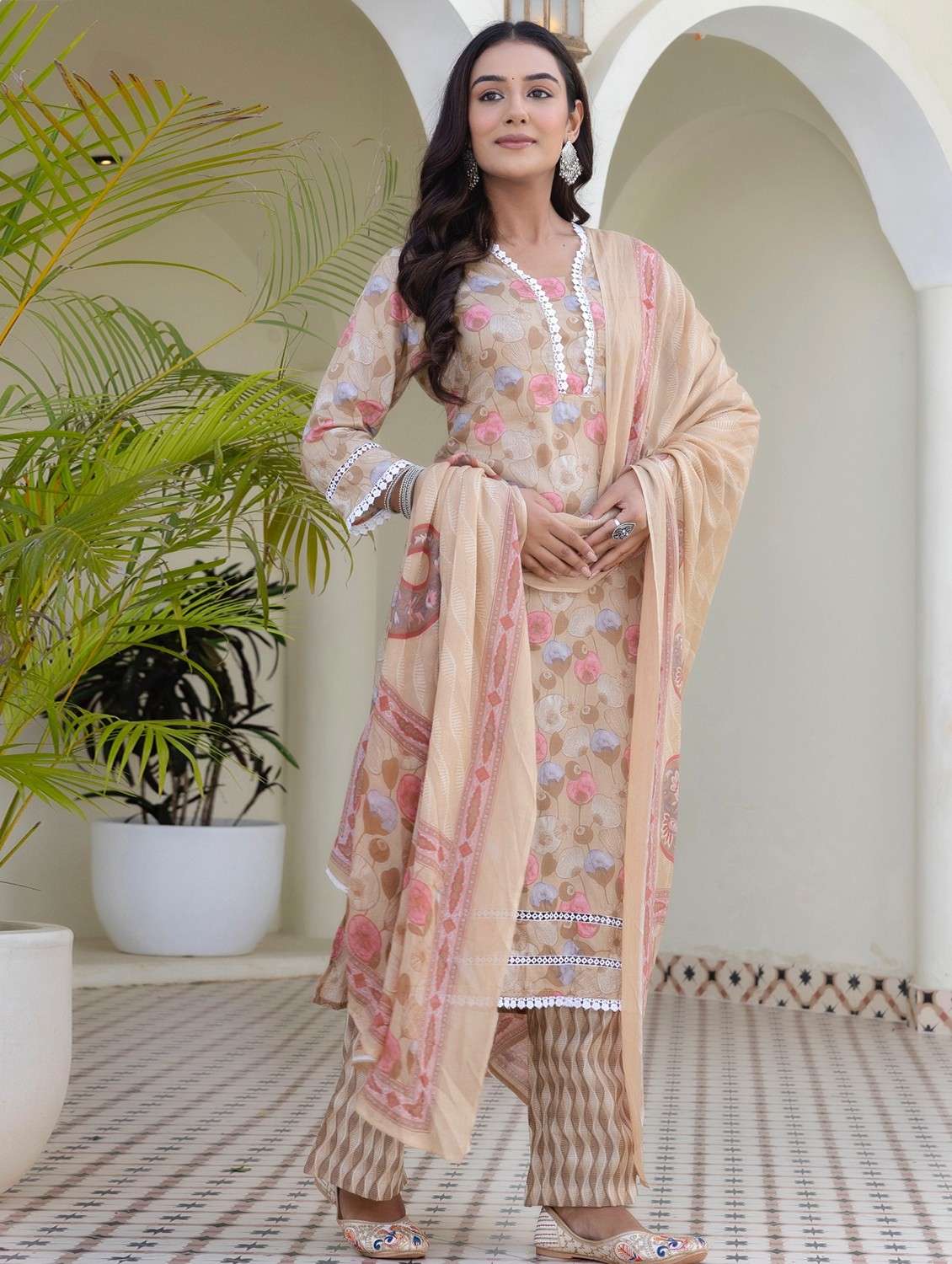 women floral printed three quarter sleeve kurta palazzo with dupatta set - 22140583 - Standard Image - 1