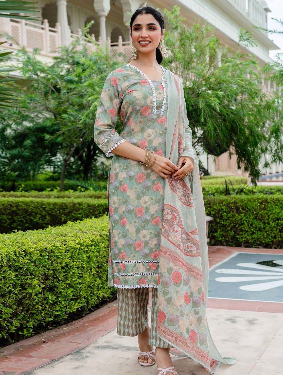 women floral printed three quarter sleeve kurta palazzo with dupatta set - 22140584 -  Standard Image - 1