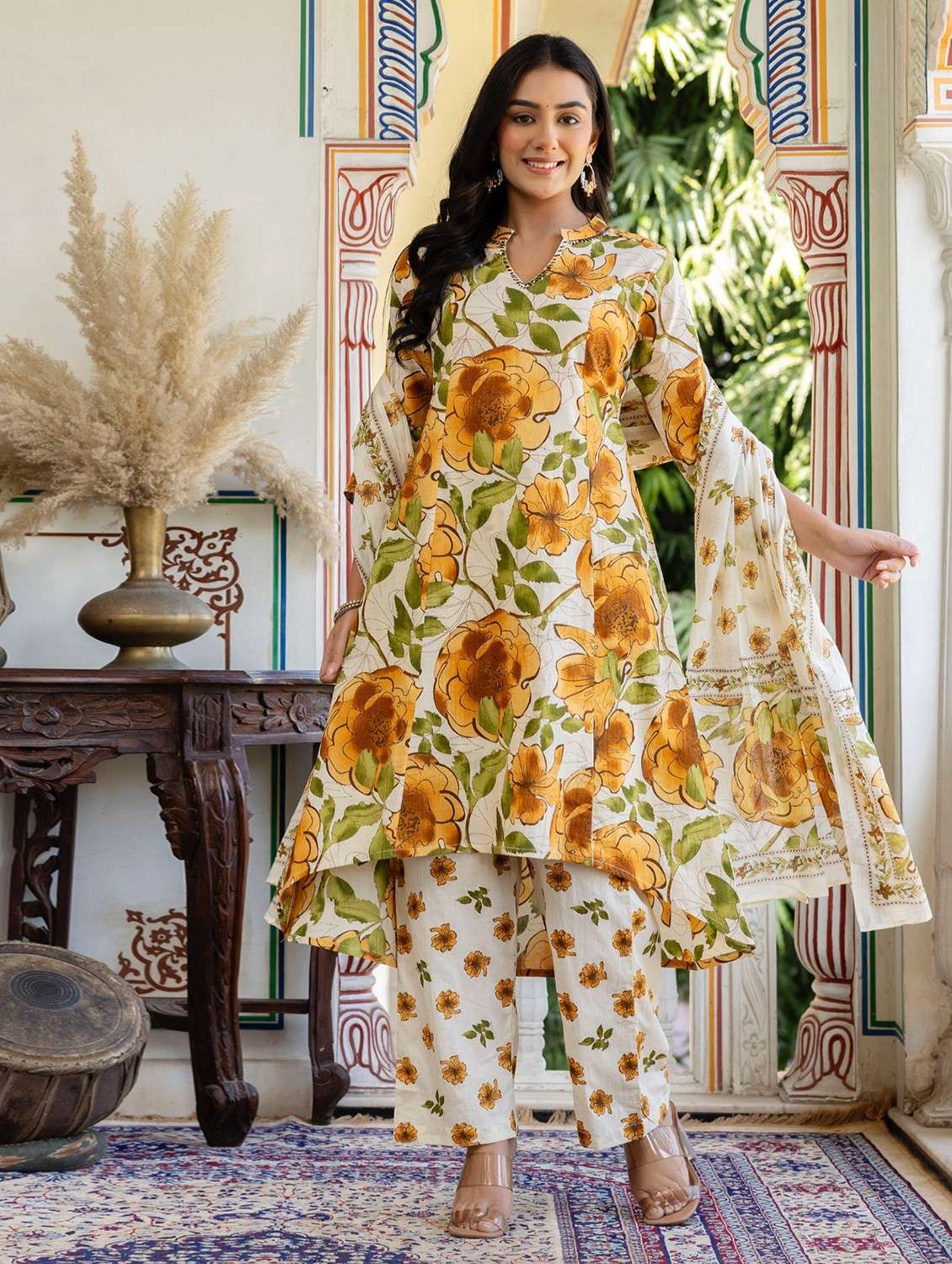 women floral printed three quarter sleeve kurta palazzo with dupatta set - 22140594 -  Standard Image - 1