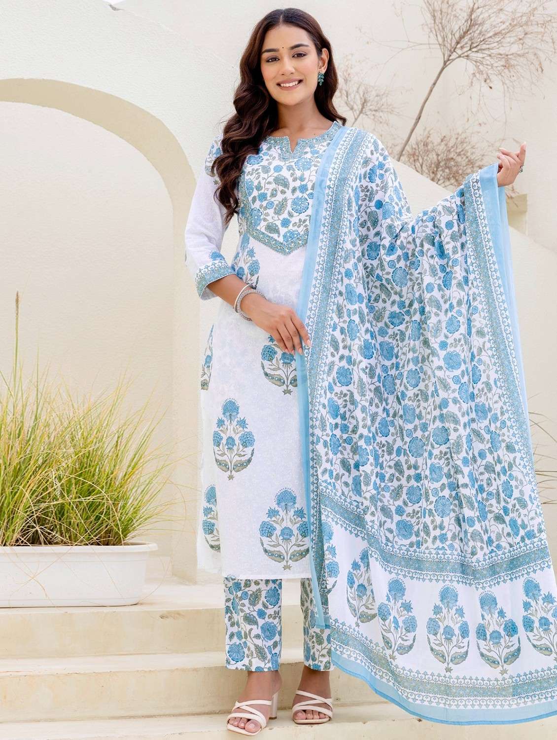 women floral printed three quarter sleeve kurta pant with dupatta set - 22140599 -  Standard Image - 1