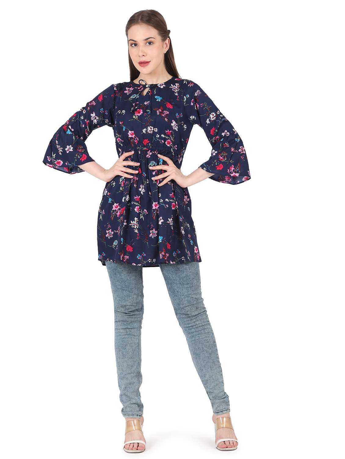 women printed bell sleeve long flared top - 22140603 - Standard Image - 4