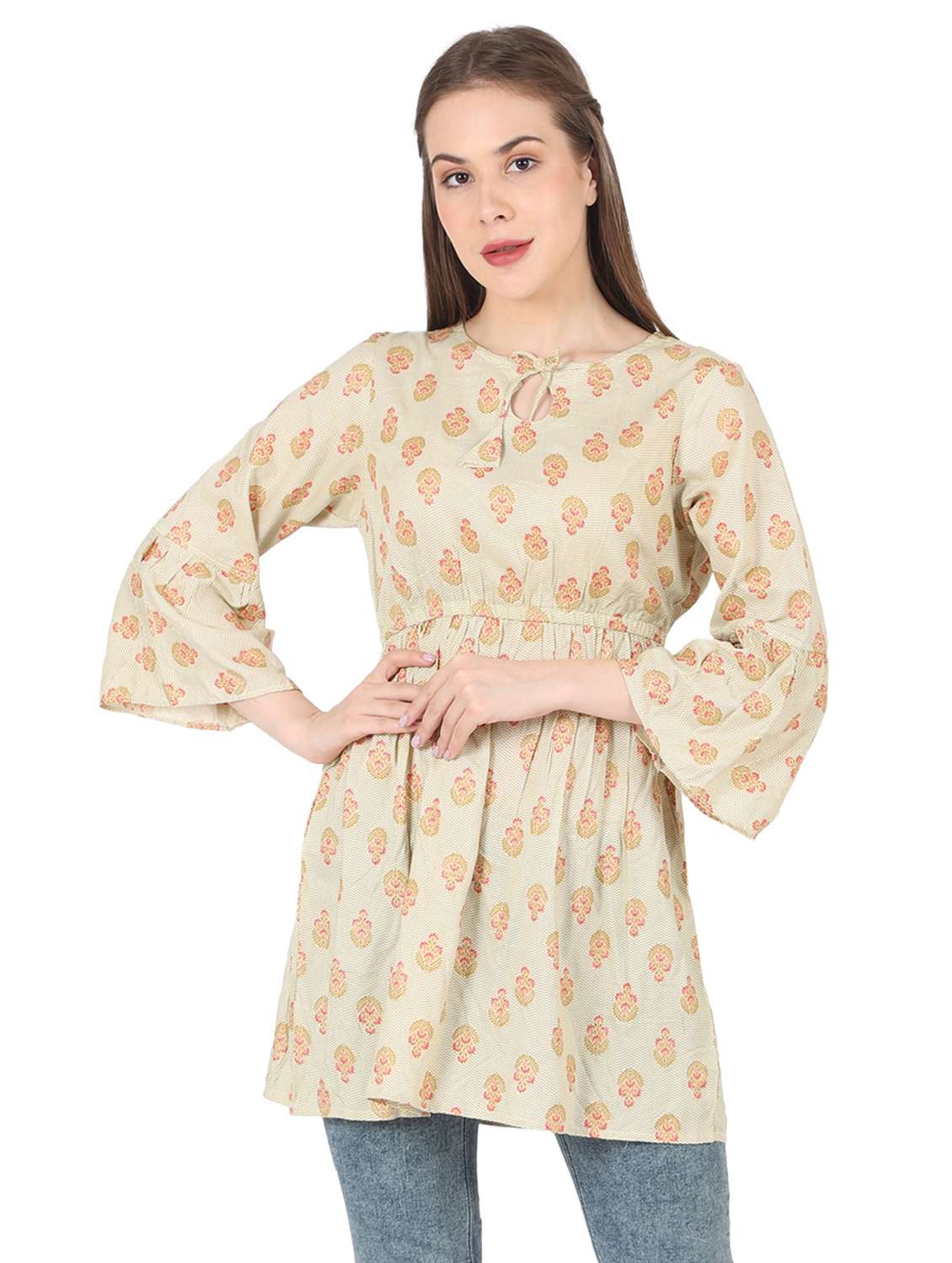 women printed bell sleeve long flared top