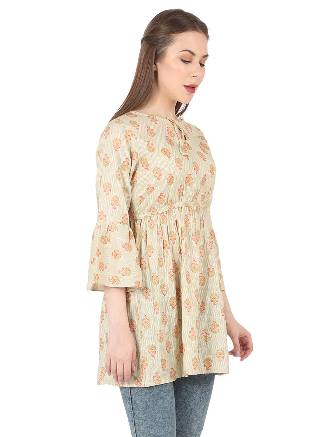 women printed bell sleeve long flared top - 22140604 -  Standard Image - 1