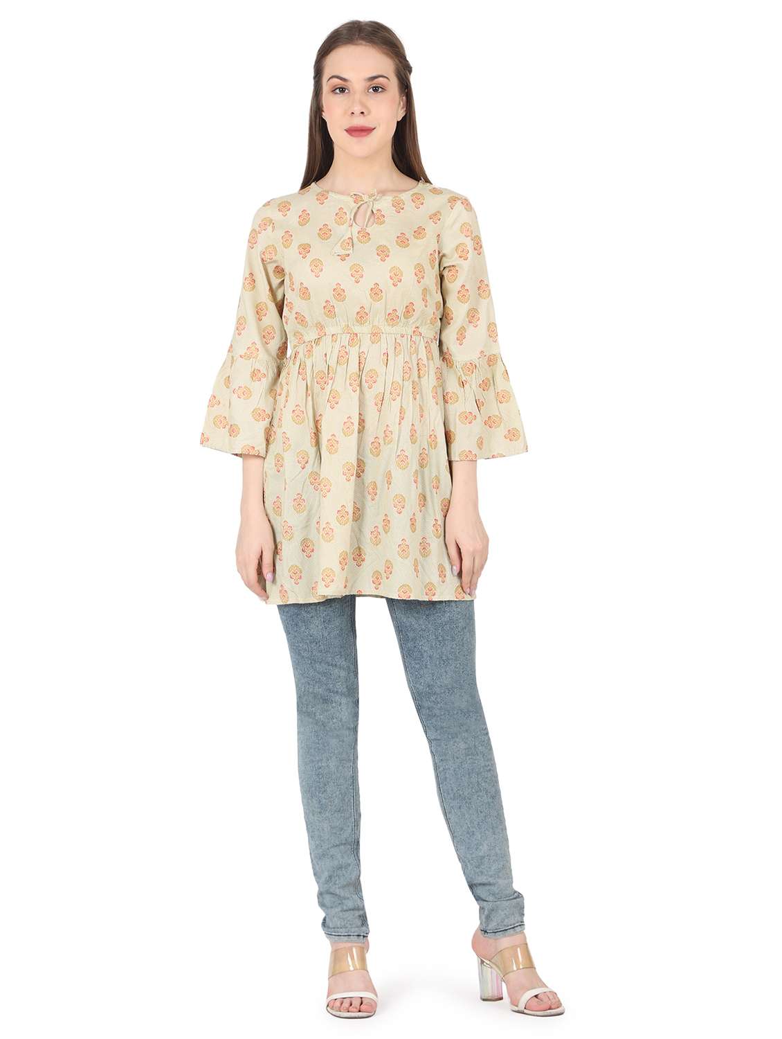 women printed bell sleeve long flared top - 22140604 - Standard Image - 4