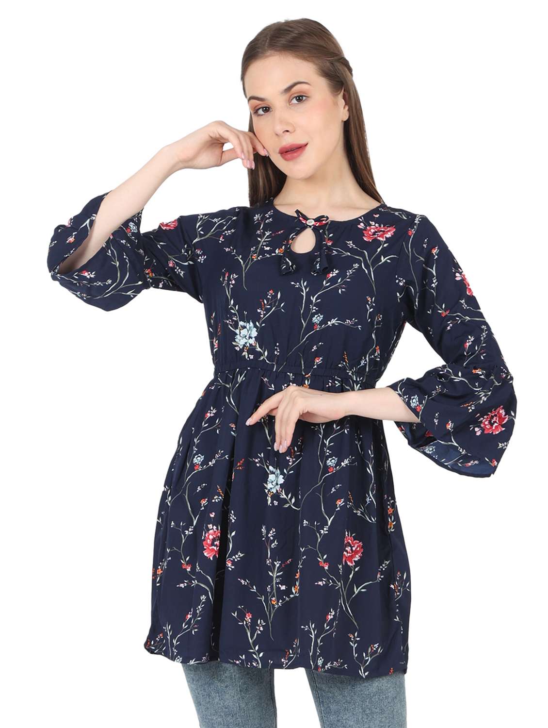 women printed bell sleeve long flared top