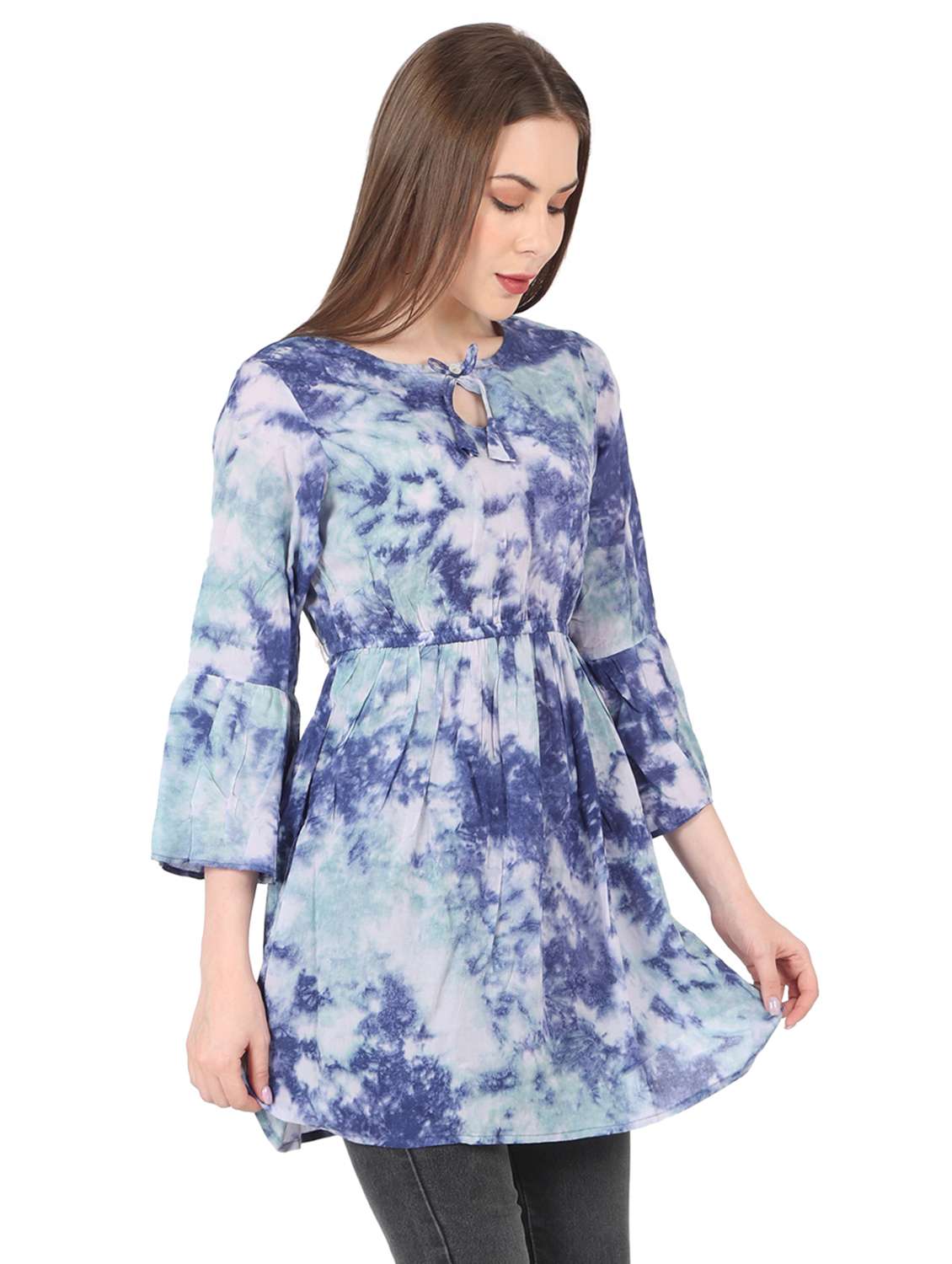 women printed bell sleeve long flared top - 22140608 -  Standard Image - 1