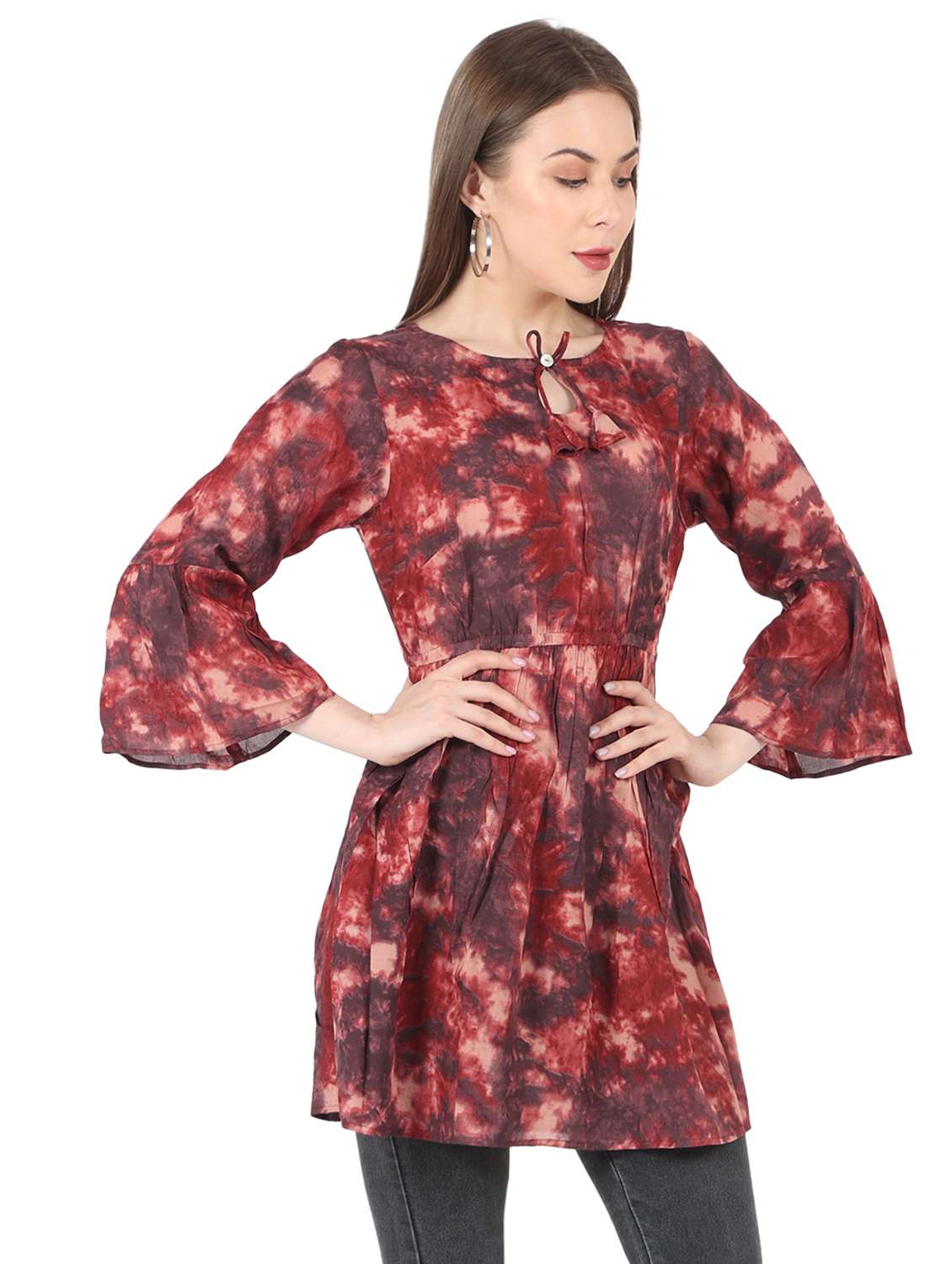 women printed bell sleeve long flared top - 22140609 - Standard Image - 1