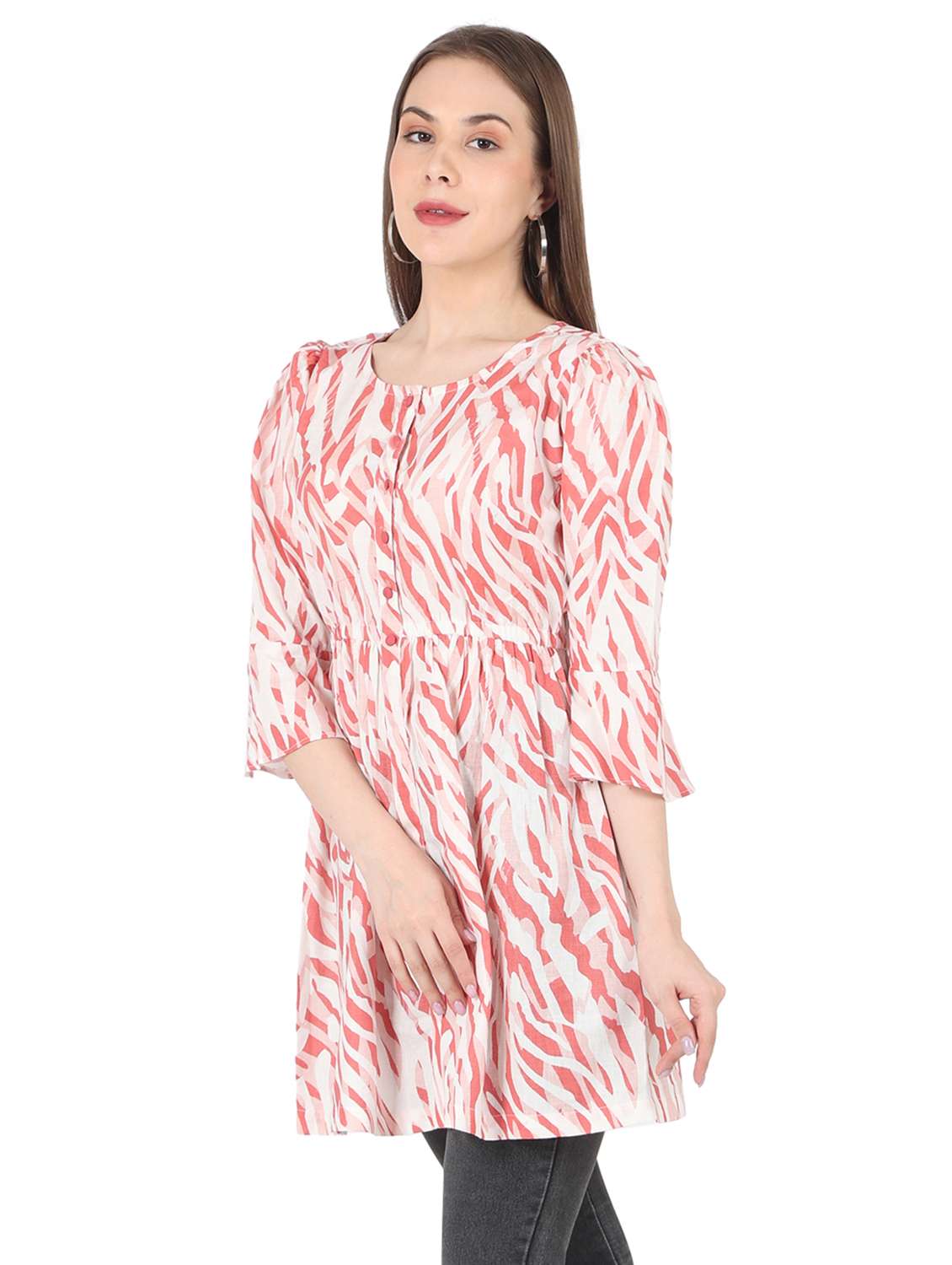 women printed bell sleeve long a-line tunic - 22140610 - Standard Image - 1