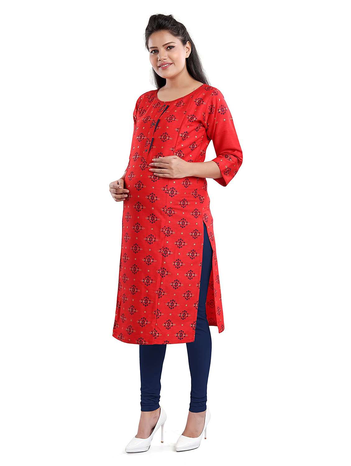 women printed three quarter sleeve maternity wear kurta - 22140615 -  Standard Image - 1
