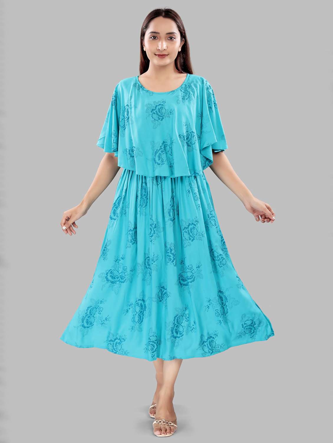 women floral printed cape sleeve maternity wear dress - 22140730 -  Standard Image - 1