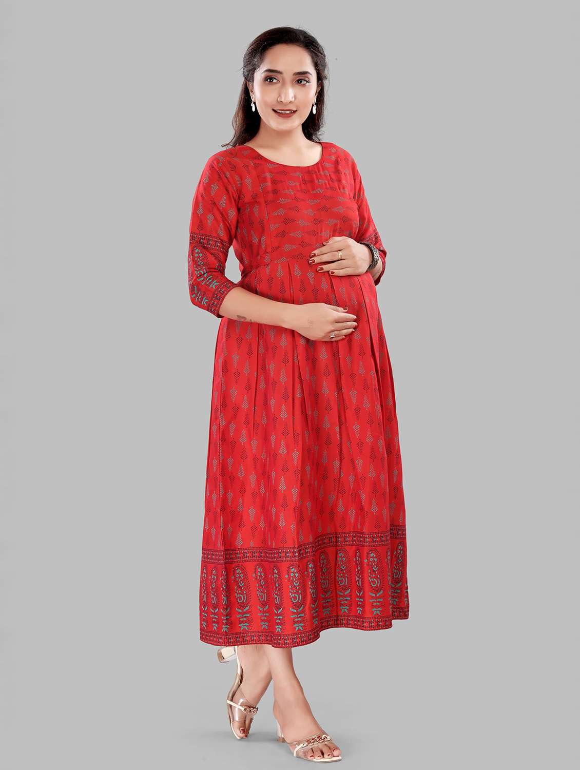 women printed three quarter sleeve maternity wear dress - 22140733 -  Standard Image - 1