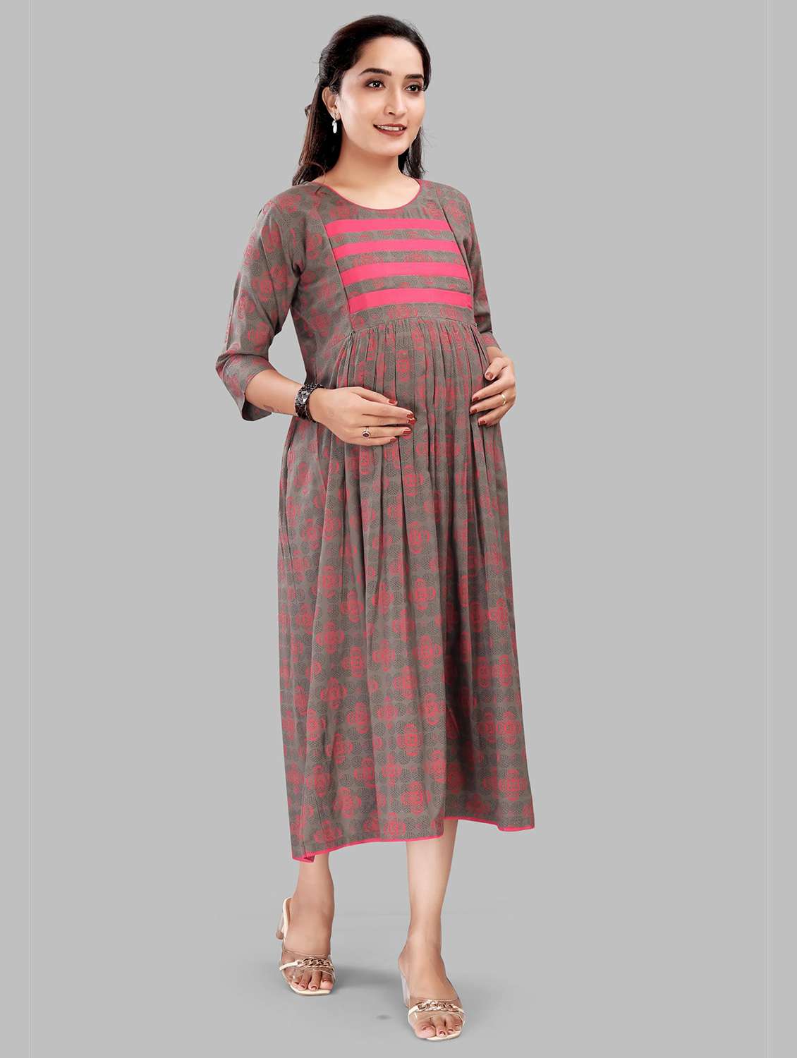 women printed three quarter sleeve maternity wear dress - 22140737 -  Standard Image - 1