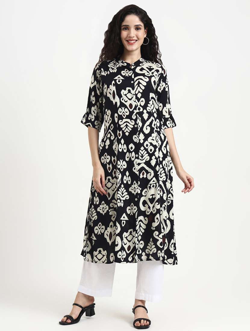 women printed three quarter sleeve a-line kurta - 22140761 -  Standard Image - 1