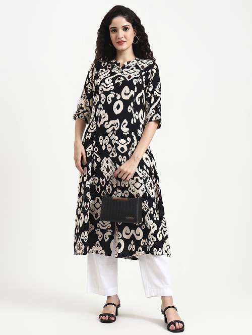 women printed three quarter sleeve a-line kurta - 22140762 -  Standard Image - 0