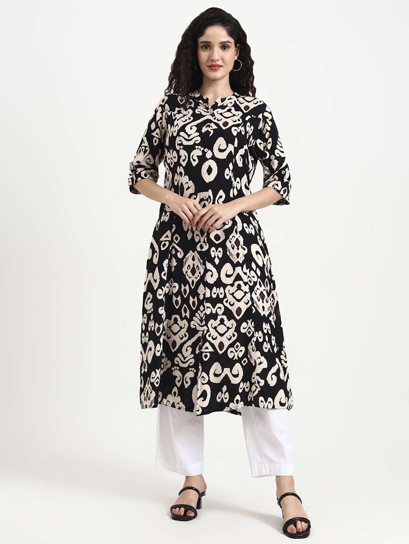 women printed three quarter sleeve a-line kurta - 22140762 -  Standard Image - 1