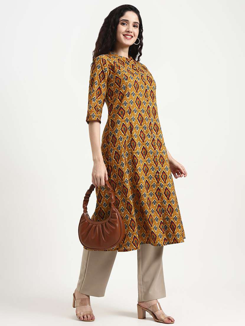 women ikat printed three quarter sleeve a-line kurta - 22140763 - Standard Image - 1